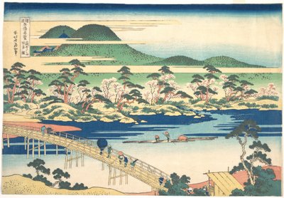 Togetsu híd Arashiyamában, Yamashiróban, a Különböző tartományok hídjainak nevezetes nézetei (Shokoku meikyō kiran) című sorozatból, 1830 körül (színes fametszet). alkotó: Katsushika Hokusai