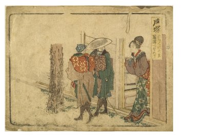 Totsuka állomás a Tokaido úton a Surimono Tokaido sorozatból, 1800-04 körül (fadarab papíron) alkotó: Katsushika Hokusai