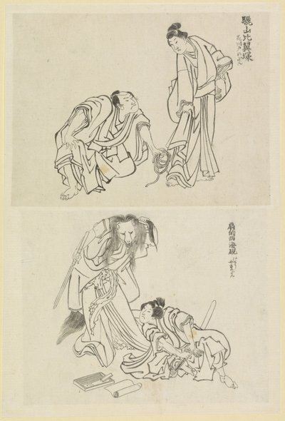 Két színpadi jelenet, egy férfival és egy nővel, egy pedig egy férfival és egy rókával alkotó: Katsushika Hokusai