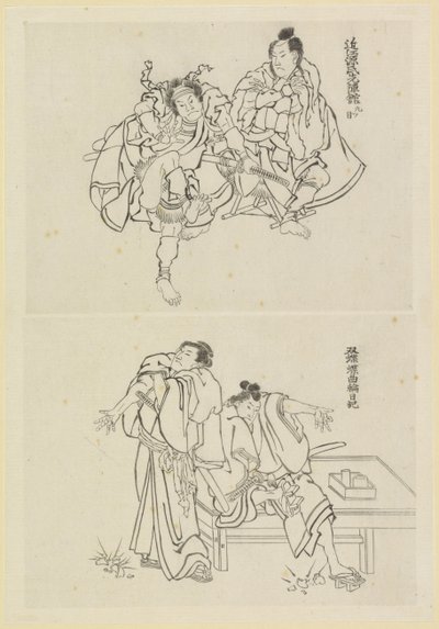 Két színpadi jelenet, az egyikben két szamuráj, a másikban pedig két figura egy asztalnál alkotó: Katsushika Hokusai