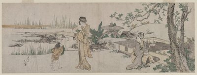 Két nő és egy gyerek egy aranyhal akvárium mellett alkotó: Katsushika Hokusai
