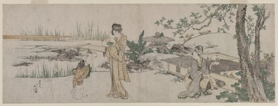 Két nő és egy gyerek egy aranyhalak mellett, c. 1800. alkotó: Katsushika Hokusai