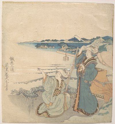 Két fiatal hölgy a parton; az egyik mutat alkotó: Katsushika Hokusai