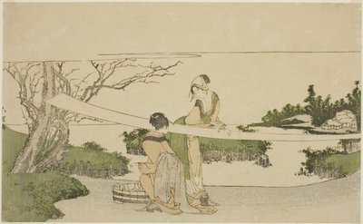 Két nő nyújtó ruhát alkotó: Katsushika Hokusai