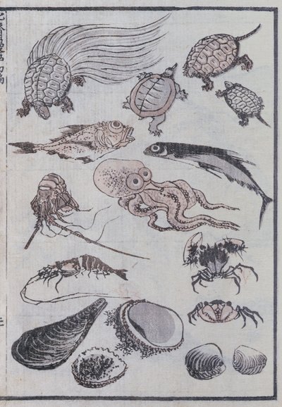 Tenger alatti lények egy mangából (színes fatömbnyomat) alkotó: Katsushika Hokusai