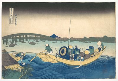 A naplemente megfigyelése a Ryōgoku-híd felett az Onmaya-partról (Onmayagashi yori Ryōgokubashi sekiyō o miru), a „A Fuji-hegy harminchat látképe” (Fugaku sanjūrokkei) című sorozatból alkotó: Katsushika Hokusai