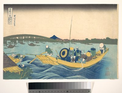 A naplemente megtekintése a Ryōgoku-híd felett az Onmaya-partról (Onmayagashi yori Ryōgokubashi sekiyō o miru), a „A Fuji-hegy harminchat látképe” (Fugaku sanjūrokkei) című sorozatból alkotó: Katsushika Hokusai
