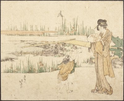 Nő és gyermek a kertben; az „Aranyhal-árus” című festmény részlete alkotó: Katsushika Hokusai