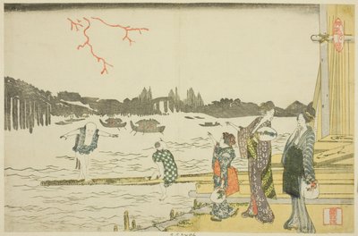 Nők és gyerekek nézik a tűzijátékot alkotó: Katsushika Hokusai
