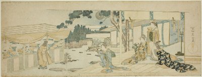 Nők a verandán nézik a virágot szedő lányt alkotó: Katsushika Hokusai