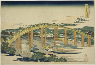 Yahagi híd Okazakiban a Tokaidón (Tokaido Okazaki Yahagi no hashi), a „Szokatlan kilátások híres hídjairól különböző tartományokban (Shokoku meikyo kiran)” sorozatból alkotó: Katsushika Hokusai