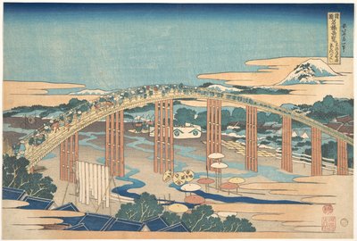 A Tōkaidō-útvonalon, Okazakiban található Yahagi-híd (Tōkaidō Okazaki Yahagi no hashi), a „Különféle tartományok híres hídjainak látképei” (Shokoku meikyō kiran) című sorozatból alkotó: Katsushika Hokusai