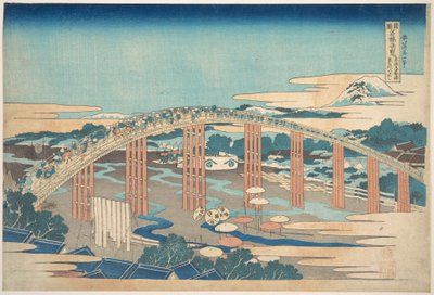 A Tōkaidō-útvonalon, Okazakiban található Yahagi-híd (Tōkaidō Okazaki Yahagi no hashi), a „Különféle tartományok híres hídjainak látképei” (Shokoku meikyō kiran) című sorozatból alkotó: Katsushika Hokusai