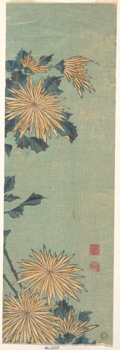 Sárga krizantémok kék háttér előtt alkotó: Katsushika Hokusai