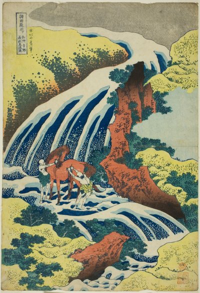 Yoshitsune lómosó vízesése Yoshinóban, Yamato tartományban (Washū Yoshino Yoshitsune uma arai no taki), a Tour of the Waterfalls in Various Provinces (Shokoku taki meguri) sorozatból alkotó: Katsushika Hokusai