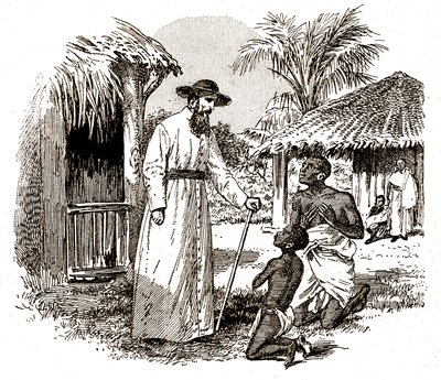 Ein katholischer Missionar in Afrika praktiziert eine Bekehrung an einem Kind und seinem Vater von 