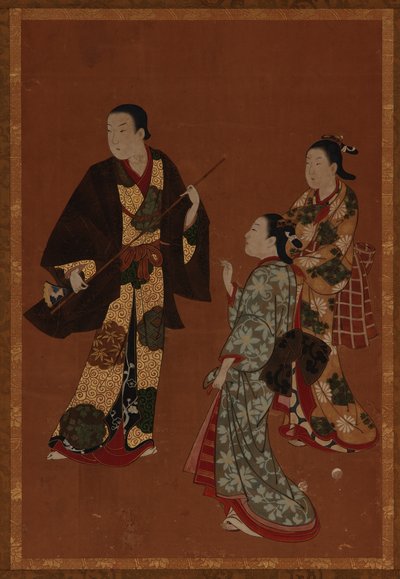 Egy férfi, esetleg egy színész és két lány, Edo-korszak, 18. század. alkotó: Kawamata Tsuneyuki