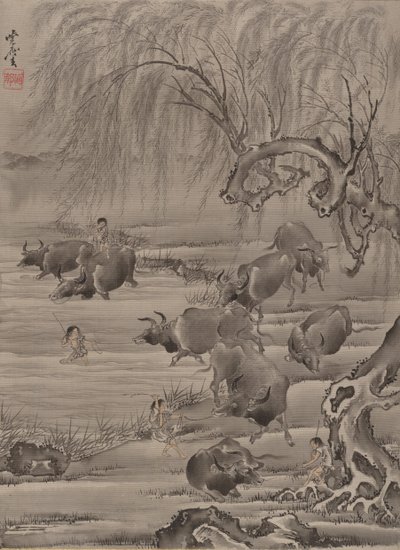 Buffalo and Herdsman, kb. 1887. alkotó: Kawanabe Kyosai