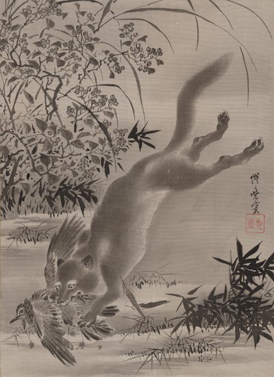 Fox Catching Bird, kb. 1887. alkotó: Kawanabe Kyosai