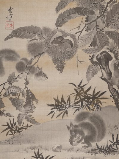 Gesztenyét gyűjtögető mókusok, kb. 1887. alkotó: Kawanabe Kyosai