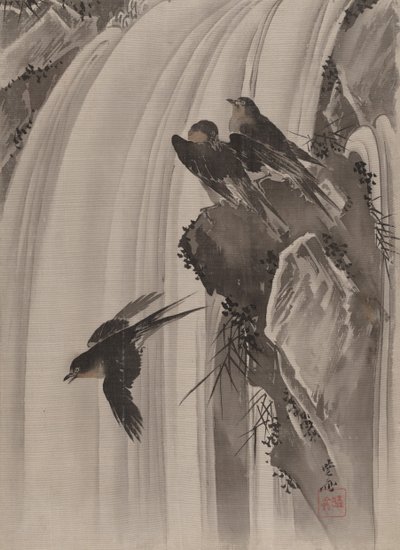 Fecskék a vízesésnél, kb. 1887. alkotó: Kawanabe Kyosai