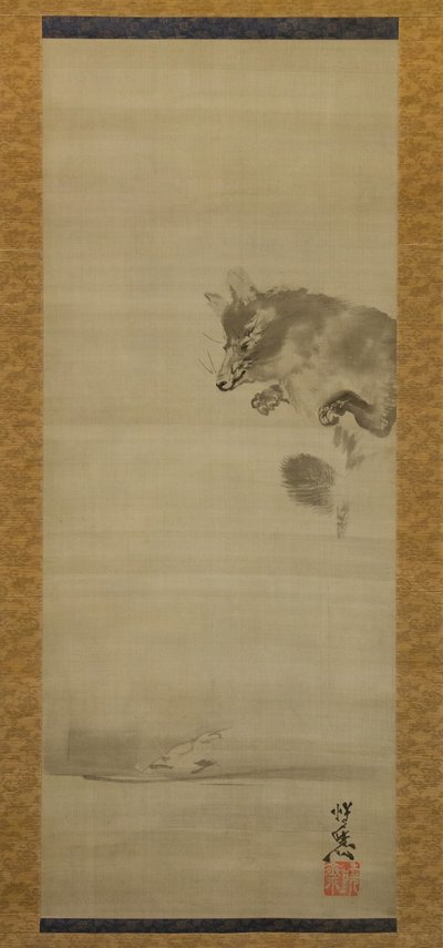 Tanuki mosómedve kutya tükörképét nézi a vízben, 19. század vége. alkotó: Kawanabe Kyosai