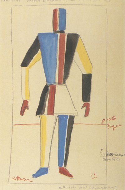 Futurista Erősember. A Győzelem a nap felett című opera jelmezterve A. Kruchenykh után alkotó: Kazimir Severinovich Malevich