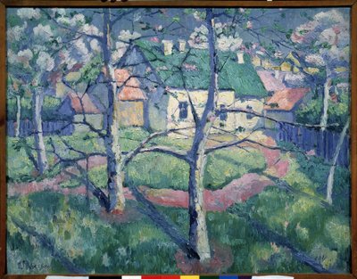 Virágzó almafák. Nyáron vidéki táj, néhány ház, ösvény, fák. Kasimir Severinovich Malevics (Malevich, Malevic) festménye (1878-1935), olaj, vászon alkotó: Kazimir Severinovich Malevich