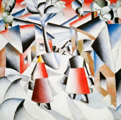 Reggel a faluban hóvihar után alkotó: Kazimir Severinovich Malevich