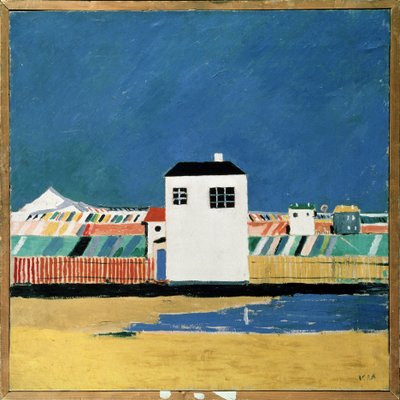 Táj egy Fehér Házzal. Kasimir Severinovich Malevics (Malevics, Malevic) (1878-1935) festménye, olaj, vászon, 1930 körül. Orosz művészet, XX. század, avantgárd, szuprematizmus, konstruktivizmus. Állami Orosz Múzeum, alkotó: Kazimir Severinovich Malevich