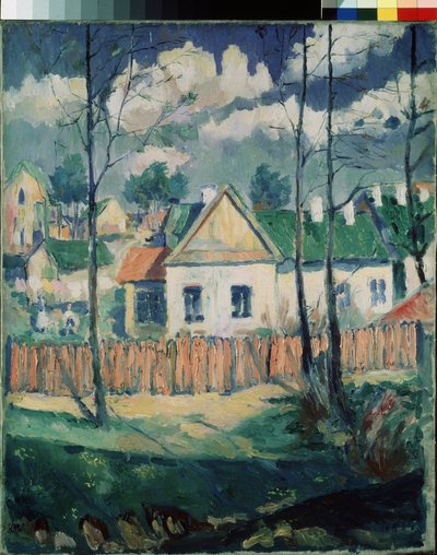 Tavaszi. Táj egy kis házzal. (Tavasz. Táj kis házzal). Kasimir Severinovich Malevics (Malevich, Malevic) festménye (1878-1935), olaj, vászon alkotó: Kazimir Severinovich Malevich