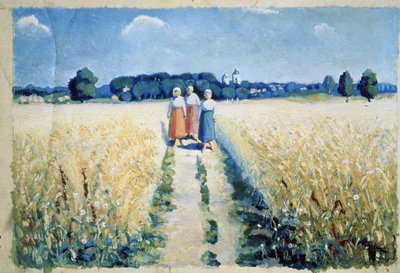 Trois femmes sur la route (Három nő az úton). Mezítlábas parasztasszonyok hagyományos öltözetben, megművelt földek között sétálva, nyár közepén, mezőgazdasági betakarítási időszakban. Kasimir Severinovich Malevich (Malevich, Malevic) festménye (1878-1 alkotó: Kazimir Severinovich Malevich