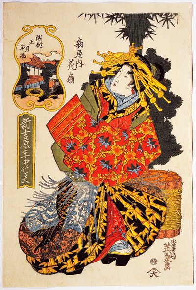 Hanaogi udvarhölgy az Ogiya házból az udvarhölgyek tavaszi felvonulásán, 1830 körül, Keisai Eisen (1790-1848) ukiyo-e művészeti nyomata, Oban tate-e fametszet, 38,5 x 25. 7 cm, japán civilizáció, Edo korszak alkotó: Keisai Eisen
