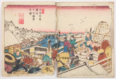 A Nihon-bashi-híd egy havas reggelen, az „Út a Kisokaido-n / Kisokaido rokujuku zugi” sorozat 1. képe alkotó: Keisai Eisen