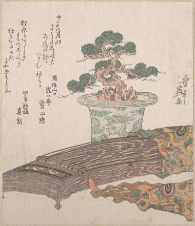 Cserepes fenyőfa és koto (japán hárfa) alkotó: Keisai Eisen