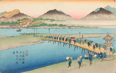 Átkelés a Shinjugawa folyón Honjo-ban / Honjo shuku Shinjugawa watashiba, a „Kisokaido út” sorozat 10. táblája / Kisoji-no eki alkotó: Keisai Eisen