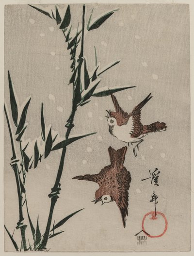 Verebek, bambusz és hulló hó, c. 1820-as évek vége. alkotó: Keisai Eisen