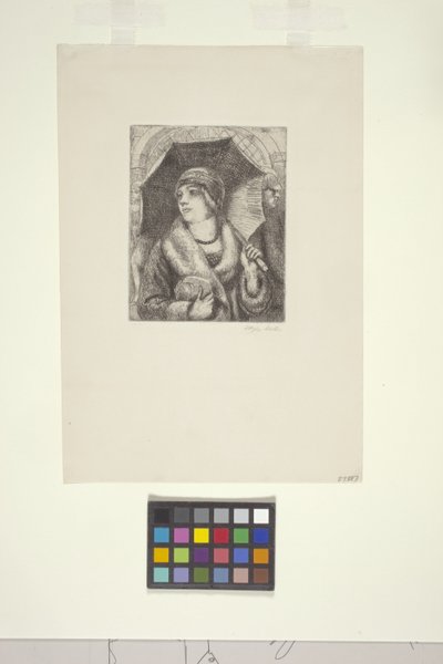Vásárló esernyővel (rézkarc) alkotó: Kenneth Hayes Miller