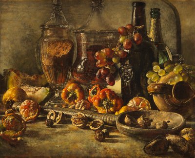 Csendélet gyümölccsel, dióval és üvegekkel (olaj, vászon) alkotó: Kenneth Newton