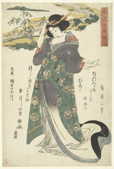 De Chofu Tama riviér Musashi tartományban Musashi Chofu no Tamagawa (cím a tárgyon) De elegante zes Tama rivieren (sorozat címe) Furyu Mu Tamagawa (sorozat címe az objektumon) alkotó: Kikugawa Eizan