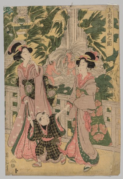 Két lány és gyermek a Temple Bridge-en, 1787-1867. alkotó: Kikugawa Eizan
