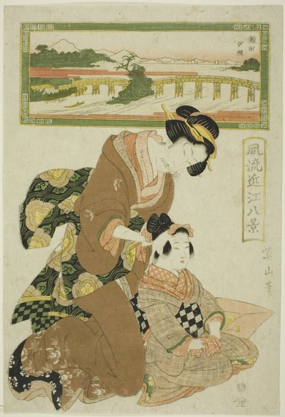 Evening Glow at Seta (Seta sekisho), a "Divatos nyolc kilátás Omira (Furyu Omi hakkei)" sorozatból alkotó: Kikukawa Eizan