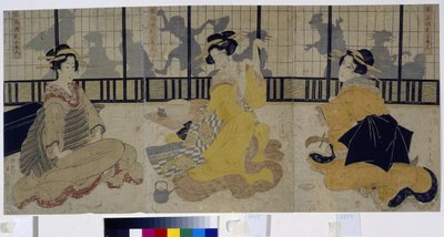 A három szépség ünnepe. (A három szépség ünnepe). Három udvarhölgyből álló csoport (gésa, geiko) az Edo-korból vagy a Tokugawa-korszakból (1600-1868) egy teaházban (ochaya). Kikukawa Eizan (1787-1867) alkotása, fametszet (nyomat) 1814. Art i alkotó: Kikukawa Eizan