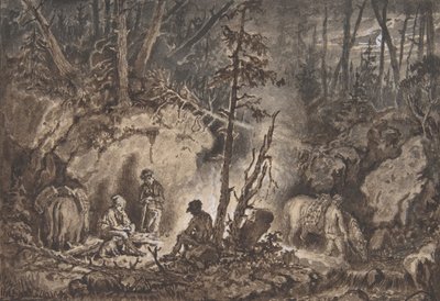 Éjszakai erdőben pihenő vadászok, 1830-60. alkotó: Kilian Christoffer Zoll