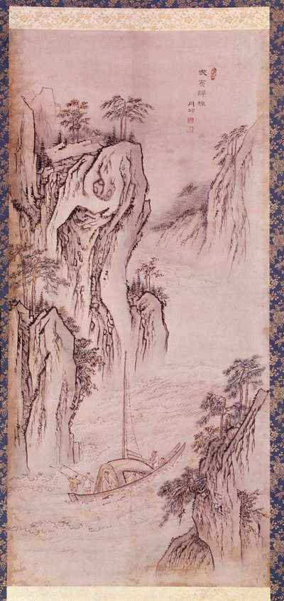 Art coreen: Mu-i visszatérése. Coreen táj csónakkal és meredek sziklával. Kim Hong do vagy Danwon nyomata (1745-kb. 1806). 1760. Hyung Pil Chun gyűjtemény. alkotó: Kim Hong-Do