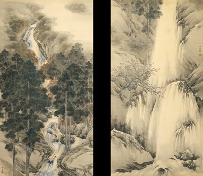 Vízesés tavasszal és ősszel Két függő tekercs készlet, 1893 alkotó: Kishi Chikudo