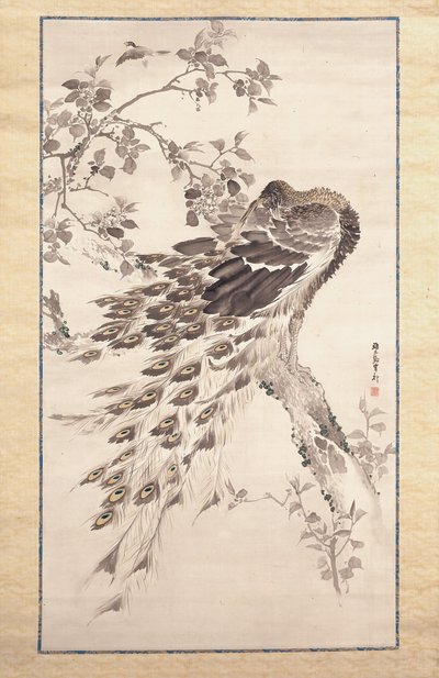 Páva cseresznye-almafán (tinta és szín a selyemen) alkotó: Kishi Ganku