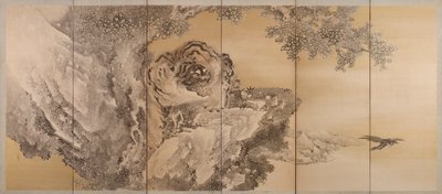 Hatszoros képernyő, üvöltő tigrist ábrázolva, 1749-1838 alkotó: Kishi Ganku