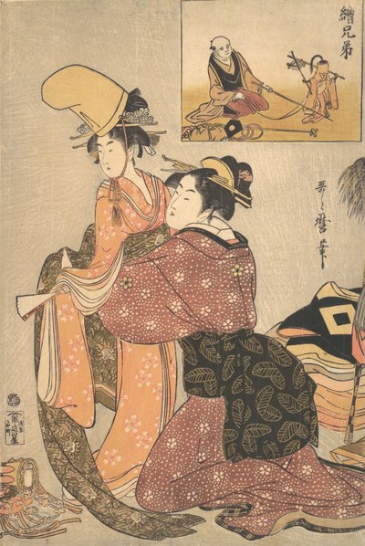 Egy lányt öltöztető nő a kabuki tánchoz „Musume Dojoji..., kb. 1795-96. alkotó: Kitagawa Utamaro