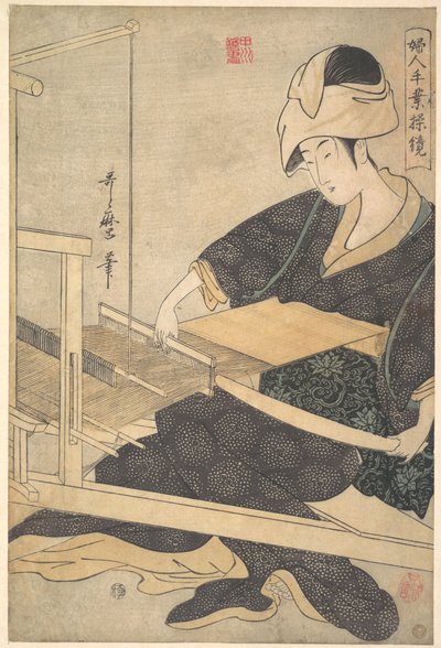 Egy szövőasszony, aki kézi szövőszéken ülve sző alkotó: Kitagawa Utamaro